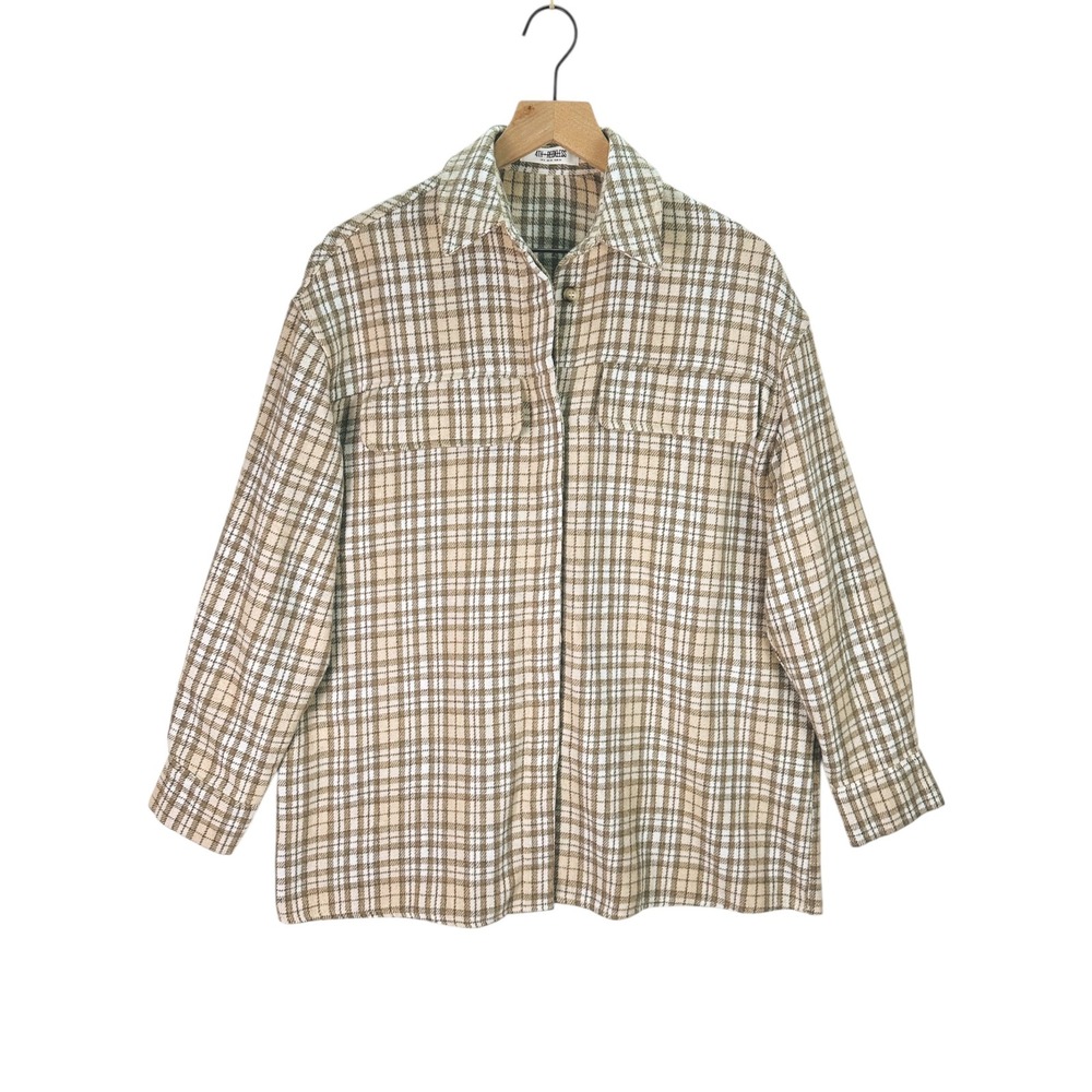 4TH + RECKLESS‎ Beige Tan Plaid Shirt Jacket Shacket Button Down Oversized Sz XS